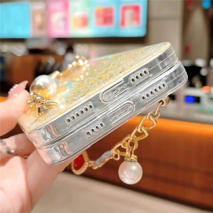 Shockproof TPU Case for iPhone 15 Pro Case Glitter Epoxy Phone Shell with Bracelet Strap