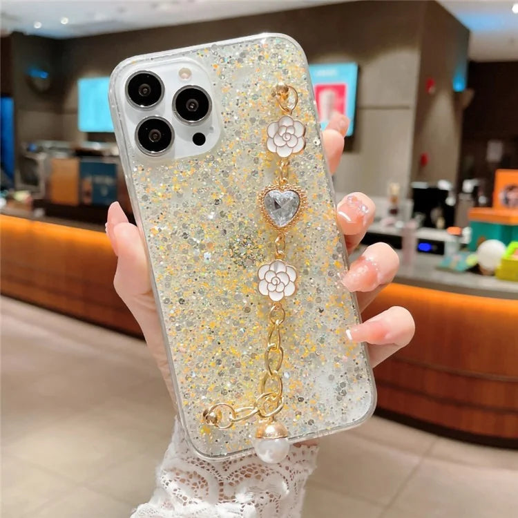 Shockproof TPU Case for iPhone 15 Pro Case Glitter Epoxy Phone Shell with Bracelet Strap