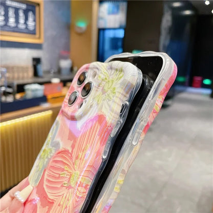 For iPhone 15 Pro TPU Case Pink Oil Painting Flower Wavy Edge Phone Cover