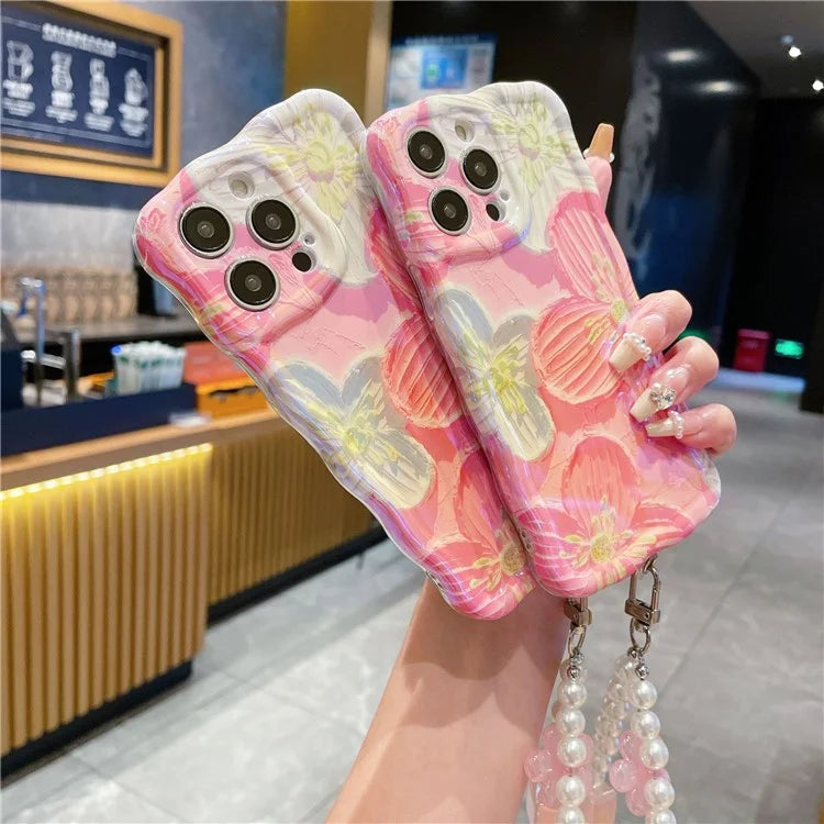 For iPhone 15 Pro TPU Case Pink Oil Painting Flower Wavy Edge Phone Cover