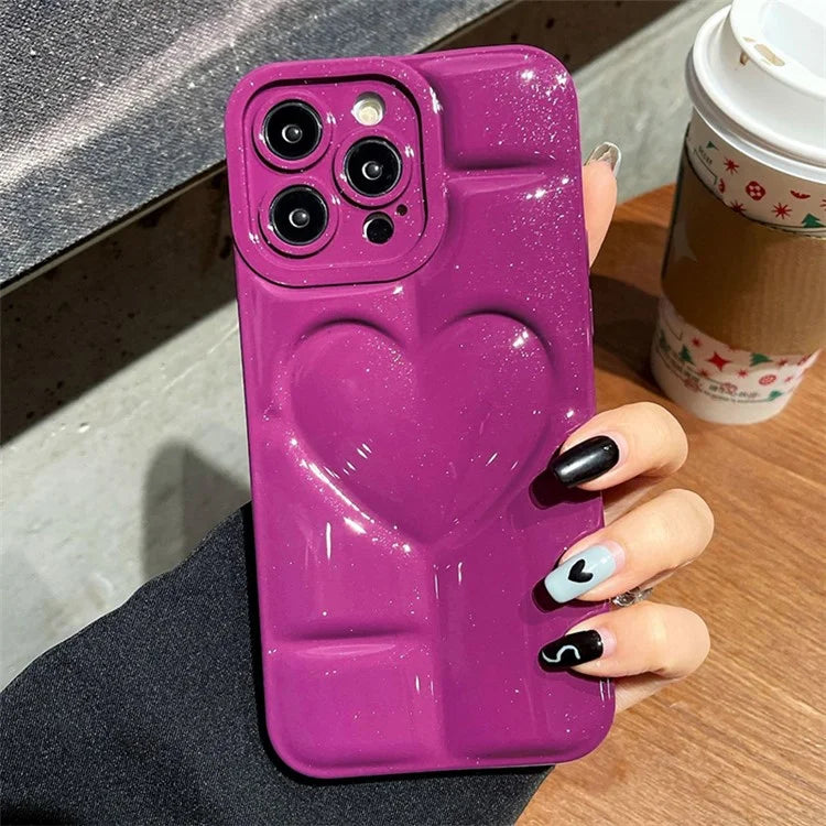 For iPhone 15 Pro Max TPU Case Glitter Phone Cover with 3D Effect Heart Shape