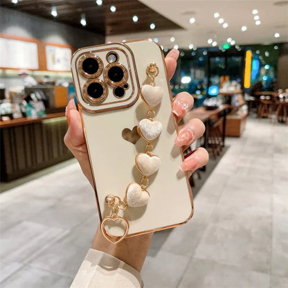 For iPhone 15 Pro Max Case Electroplating Phone TPU Cover with Plush Heart Chain Strap