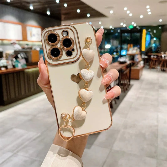 For iPhone 15 Pro Max Case Electroplating Phone TPU Cover with Plush Heart Chain Strap