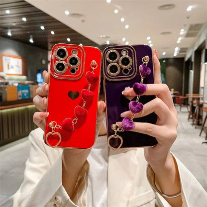 For iPhone 15 Pro Max Case Electroplating Phone TPU Cover with Plush Heart Chain Strap