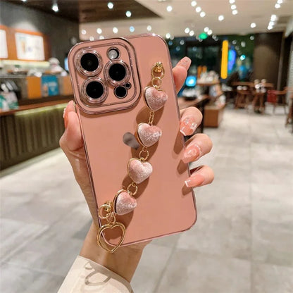 For iPhone 15 Pro Max Case Electroplating Phone TPU Cover with Plush Heart Chain Strap