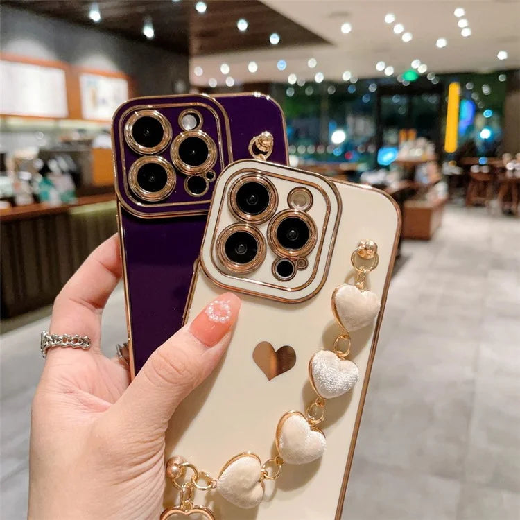 For iPhone 15 Pro Max Case Electroplating Phone TPU Cover with Plush Heart Chain Strap