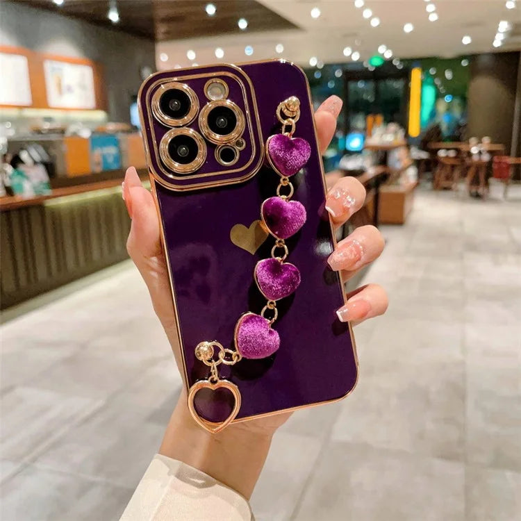 For iPhone 15 Pro Max Case Electroplating Phone TPU Cover with Plush Heart Chain Strap