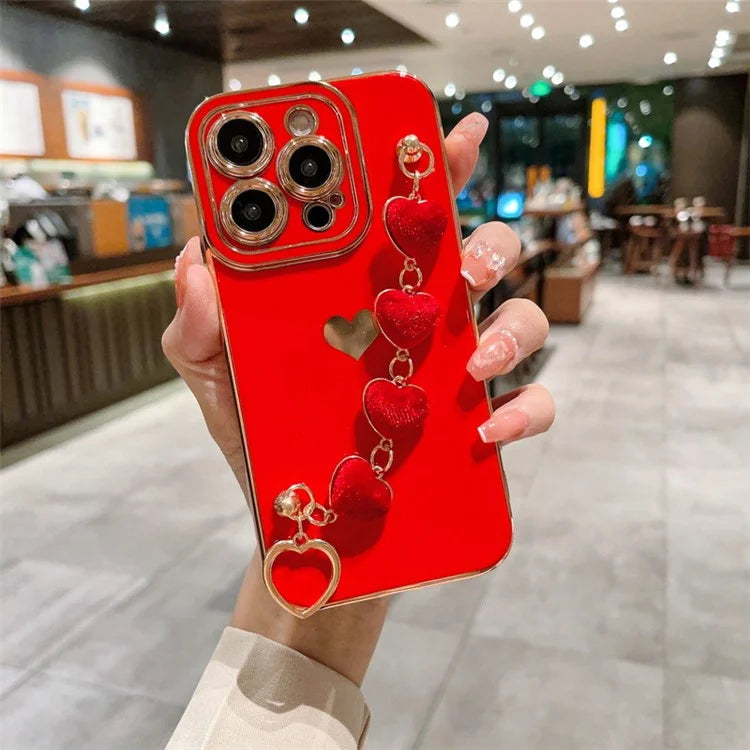For iPhone 15 Pro Max Case Electroplating Phone TPU Cover with Plush Heart Chain Strap