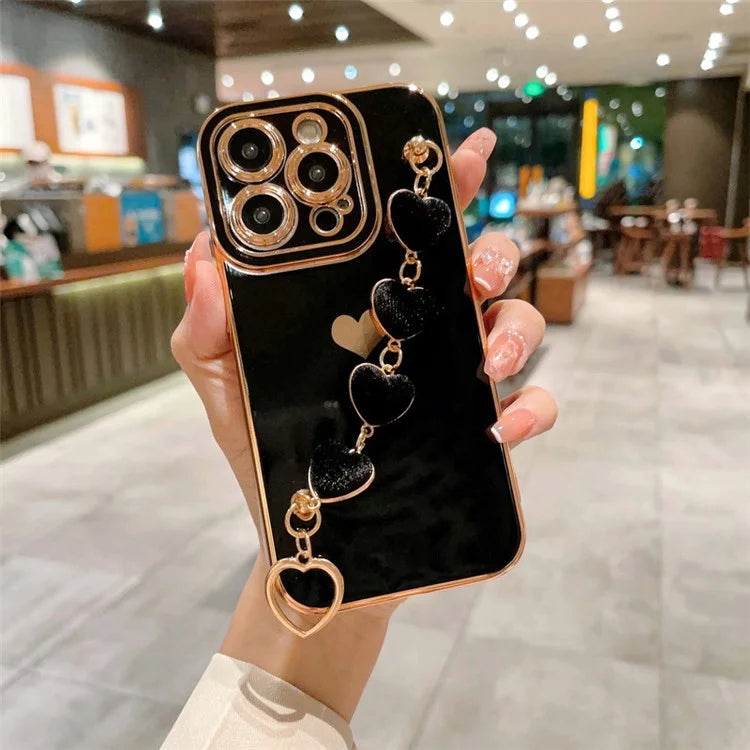 For iPhone 15 Pro Max Case Electroplating Phone TPU Cover with Plush Heart Chain Strap
