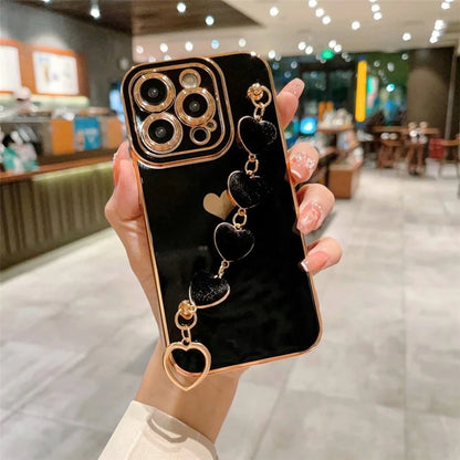 For iPhone 15 Pro Max Case Electroplating Phone TPU Cover with Plush Heart Chain Strap
