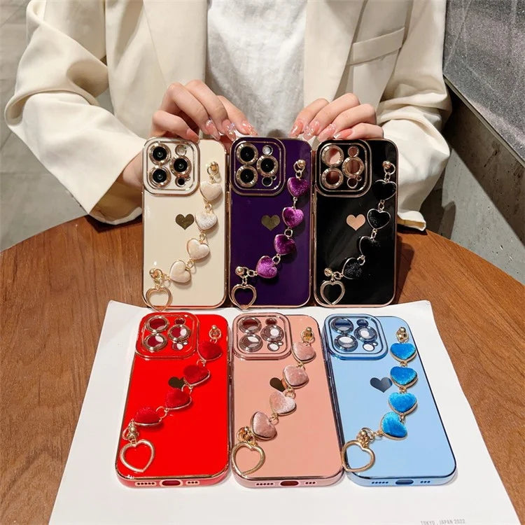 For iPhone 15 Pro Max Case Electroplating Phone TPU Cover with Plush Heart Chain Strap