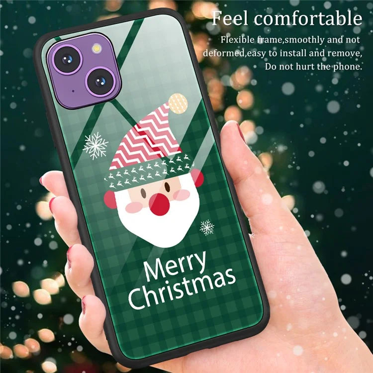 For iPhone 15 Case TPU+Tempered Glass Christmas Pattern Printing Phone Cover