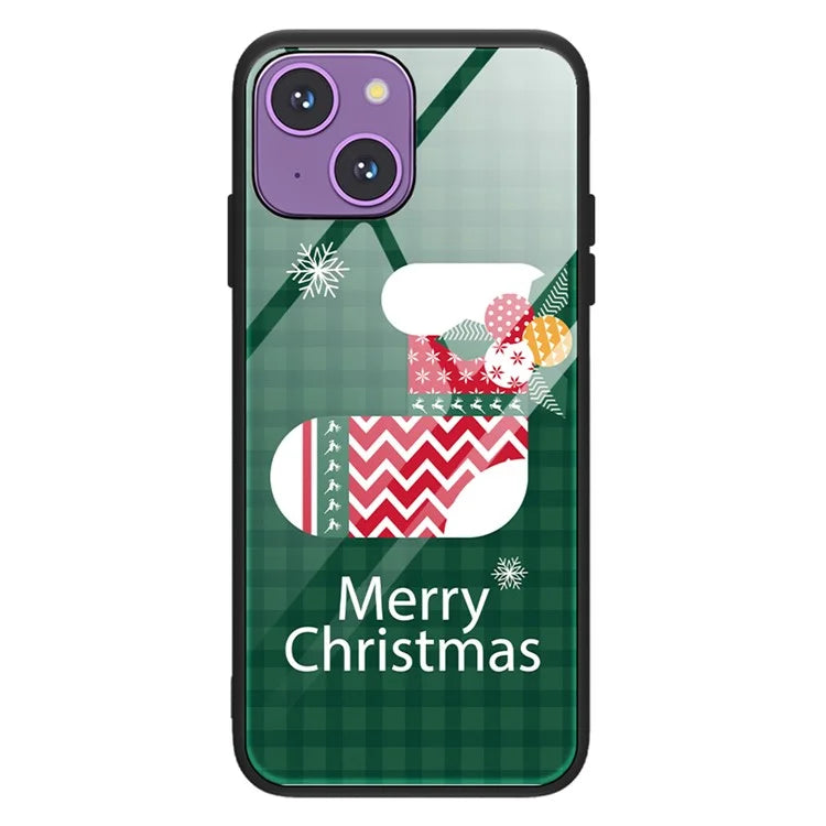For iPhone 15 Case TPU+Tempered Glass Christmas Pattern Printing Phone Cover