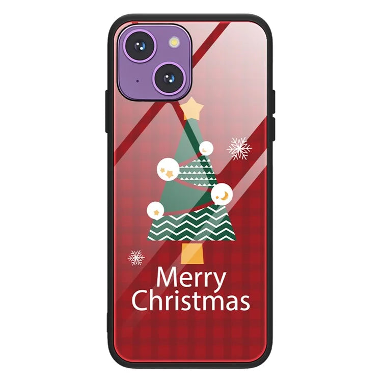 For iPhone 15 Case TPU+Tempered Glass Christmas Pattern Printing Phone Cover