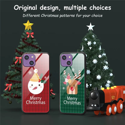 For iPhone 15 Case TPU+Tempered Glass Christmas Pattern Printing Phone Cover