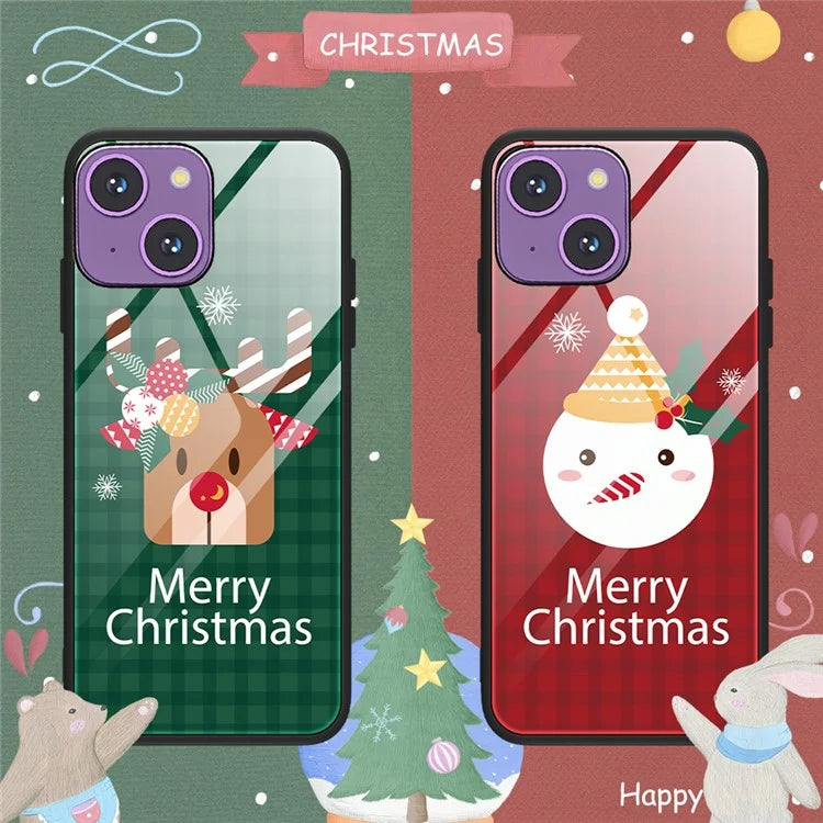 For iPhone 15 Plus Case TPU+Tempered Glass Anti-drop Christmas Pattern Printing Phone Cover