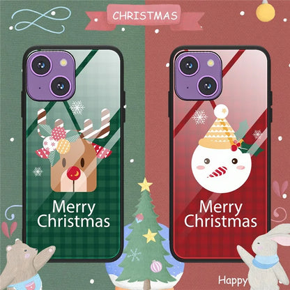 For iPhone 15 Plus Case TPU+Tempered Glass Anti-drop Christmas Pattern Printing Phone Cover