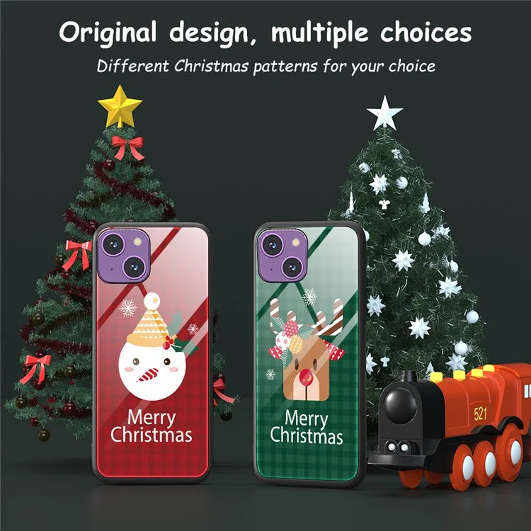 For iPhone 15 Plus Case TPU+Tempered Glass Anti-drop Christmas Pattern Printing Phone Cover