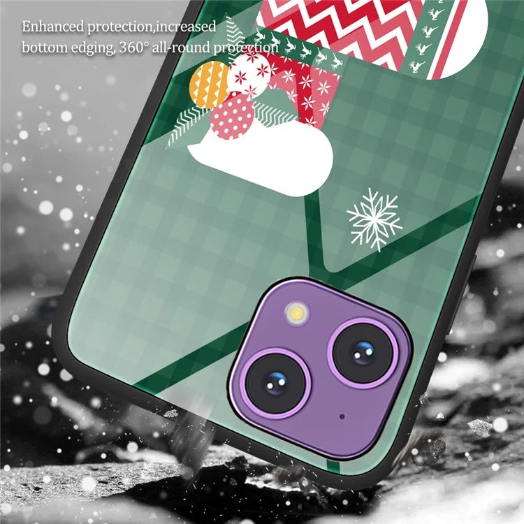For iPhone 15 Plus Case TPU+Tempered Glass Anti-drop Christmas Pattern Printing Phone Cover