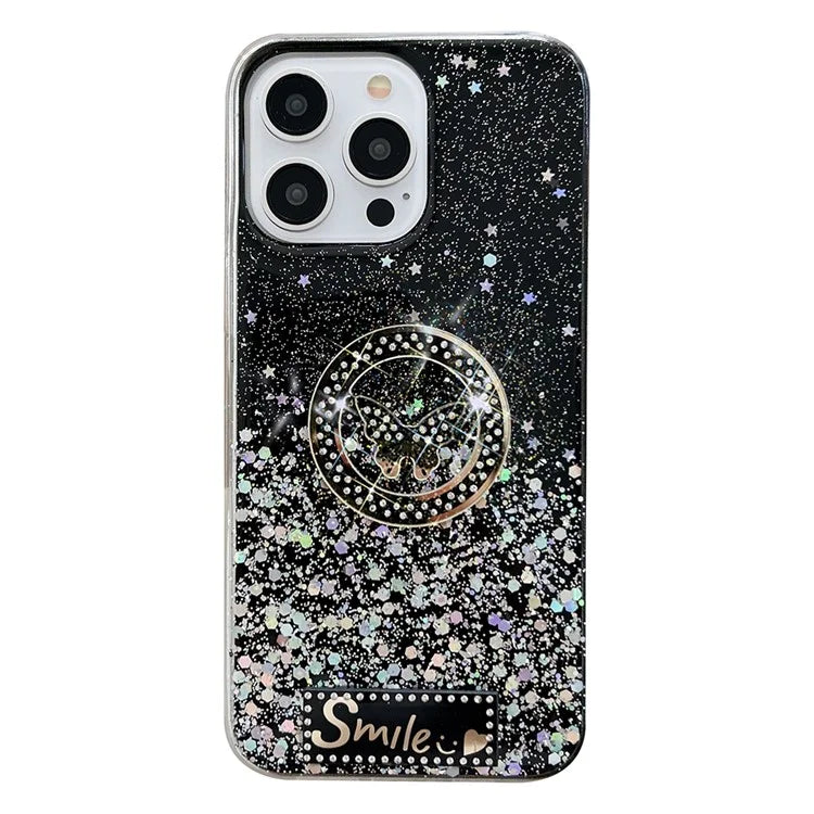 For iPhone 15 Pro Case Sparkle Epoxy Smile Butterfly TPU Cover