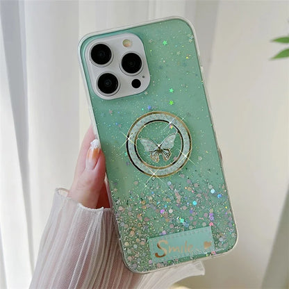 For iPhone 15 Pro Case Sparkle Epoxy Smile Butterfly TPU Cover