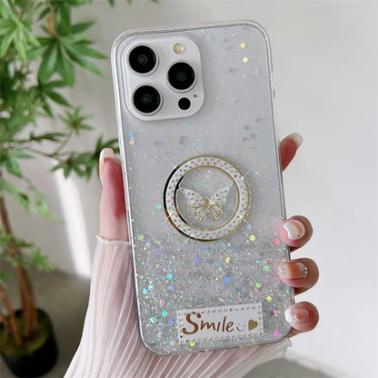 For iPhone 15 Pro Case Sparkle Epoxy Smile Butterfly TPU Cover