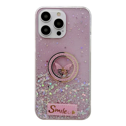 For iPhone 15 Pro Case Sparkle Epoxy Smile Butterfly TPU Cover
