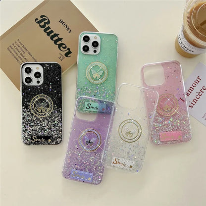 For iPhone 15 Pro Case Sparkle Epoxy Smile Butterfly TPU Cover