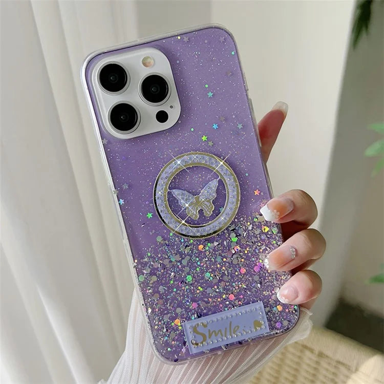 For iPhone 15 Pro Case Sparkle Epoxy Smile Butterfly TPU Cover