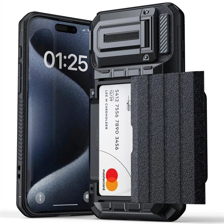 For iPhone 15 Pro Case Sliding Card Holder Kickstand Anti-drop Phone Cover