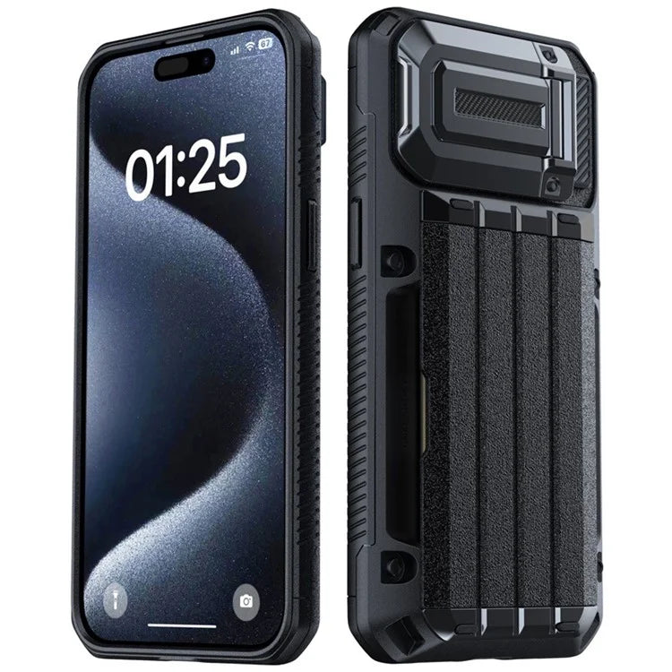 For iPhone 15 Pro Case Sliding Card Holder Kickstand Anti-drop Phone Cover