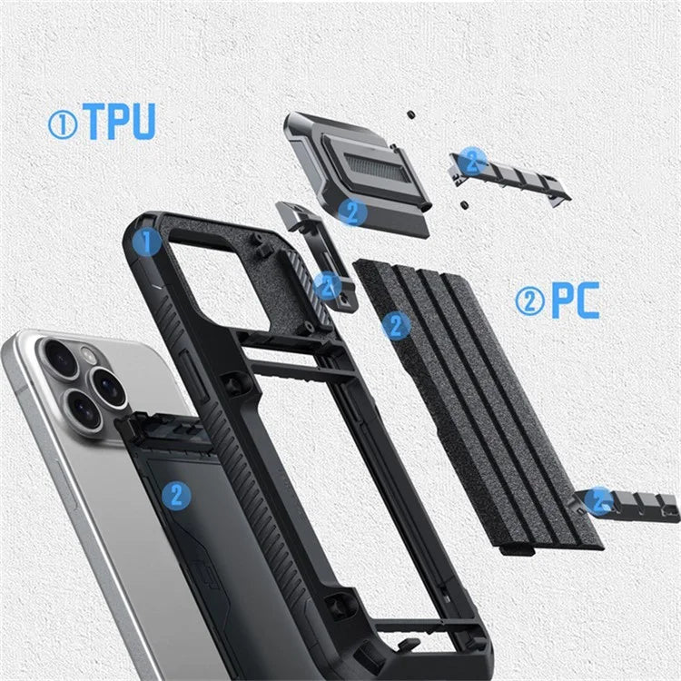 For iPhone 15 Pro Case Sliding Card Holder Kickstand Anti-drop Phone Cover