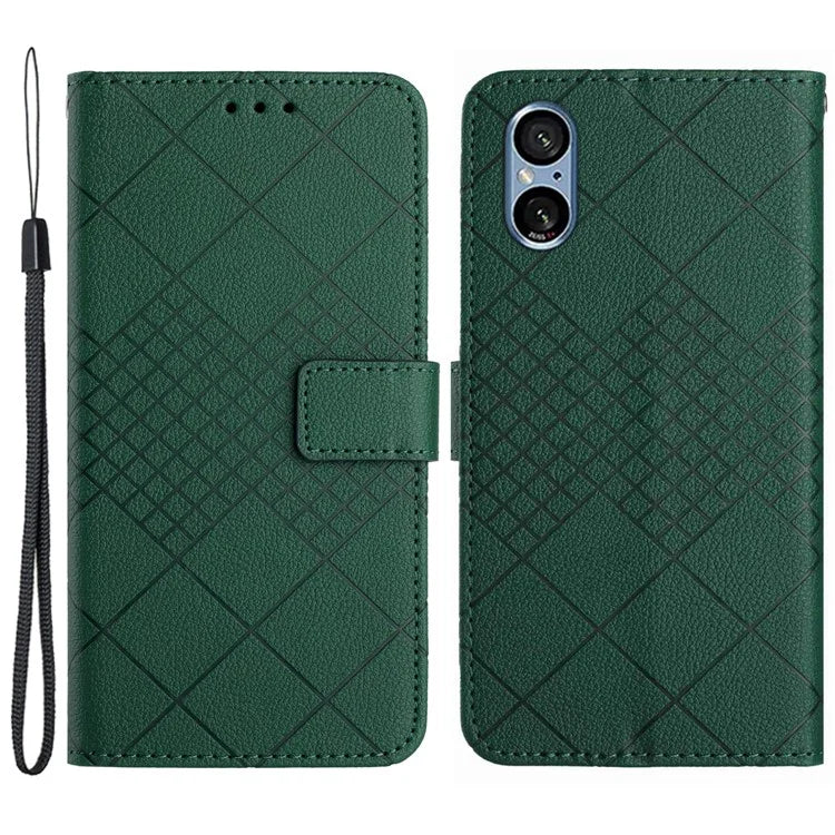 HT06 For Sony Xperia 5 V Case PU Leather Rhombus Pattern Stand Phone Cover