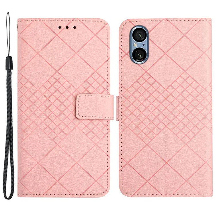 HT06 For Sony Xperia 5 V Case PU Leather Rhombus Pattern Stand Phone Cover