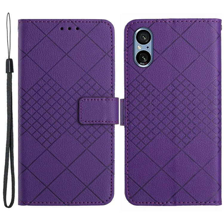 HT06 For Sony Xperia 5 V Case PU Leather Rhombus Pattern Stand Phone Cover
