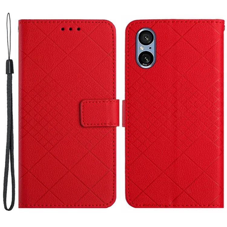 HT06 For Sony Xperia 5 V Case PU Leather Rhombus Pattern Stand Phone Cover