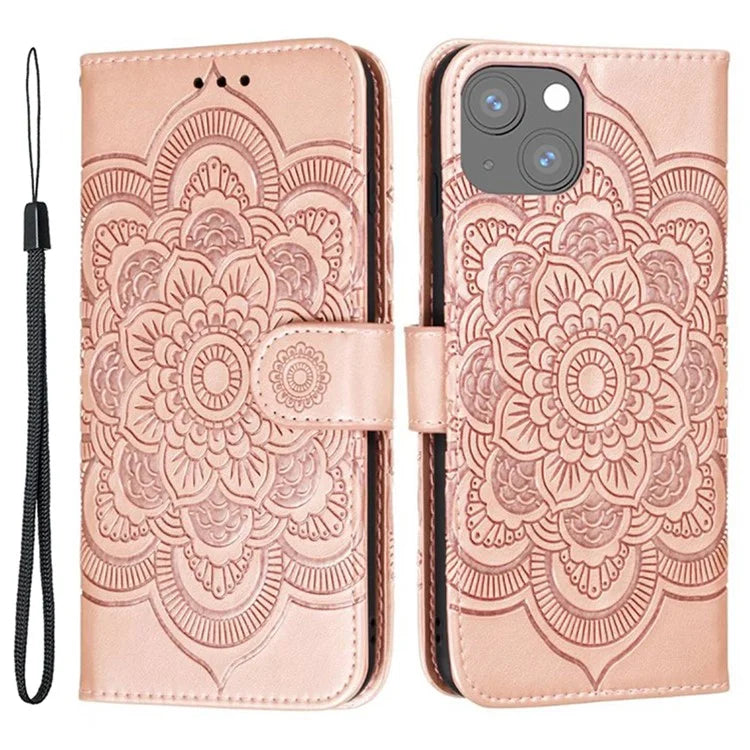 For iPhone 15 Plus Case Wallet PU Leather Mandala Flower Phone Cover