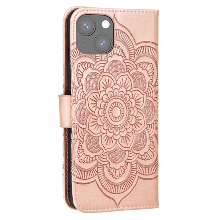 For iPhone 15 Plus Case Wallet PU Leather Mandala Flower Phone Cover