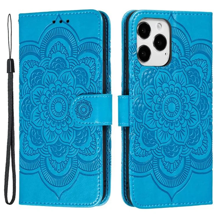 For iPhone 15 Pro Mandala Flower Case PU Leather Stand Wallet Phone Cover