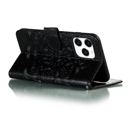 For iPhone 15 Pro Mandala Flower Case PU Leather Stand Wallet Phone Cover