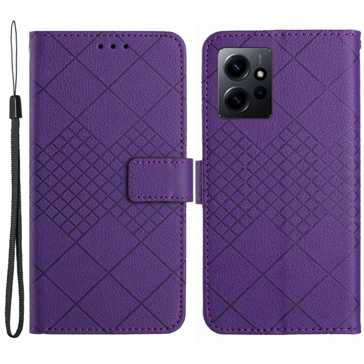 HT06 For Xiaomi Redmi Note 12 4G Case PU Leather Rhombus Pattern Stand Cell Phone Cover