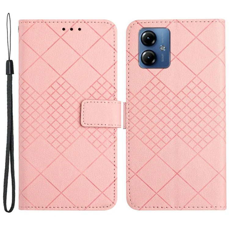 HT06 For Motorola Moto G14 4G Case Rhombus Imprinted Wallet Flip Phone Cover