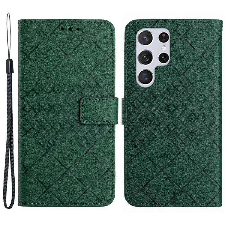 HT06 For Samsung Galaxy S24 Ultra Case Litchi Texture Rhombus Imprinted Wallet Cover