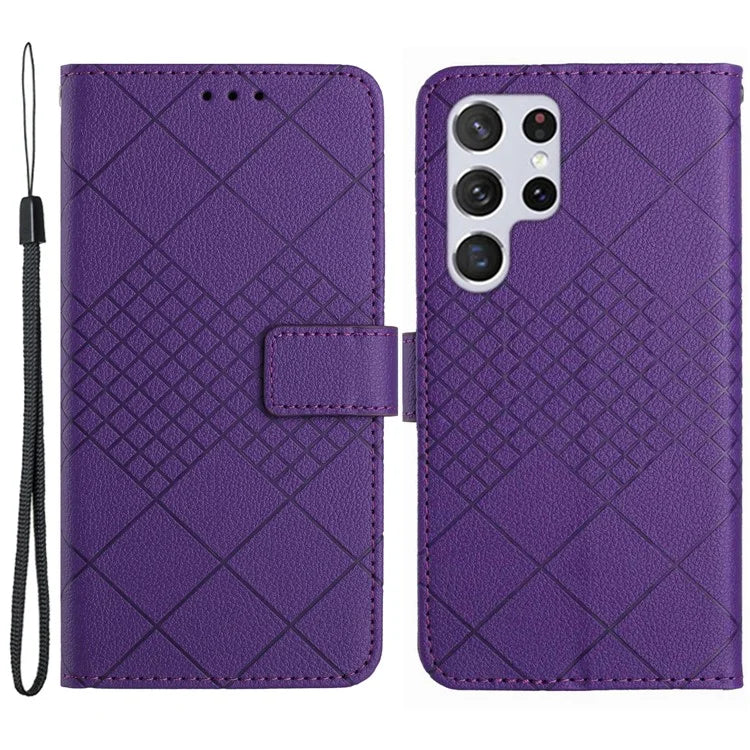 HT06 For Samsung Galaxy S24 Ultra Case Litchi Texture Rhombus Imprinted Wallet Cover