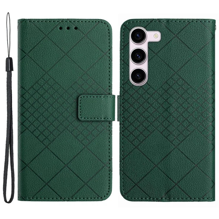 HT06 For Samsung Galaxy S23 Case PU Leather Rhombus Pattern Stand Mobile Phone Cover