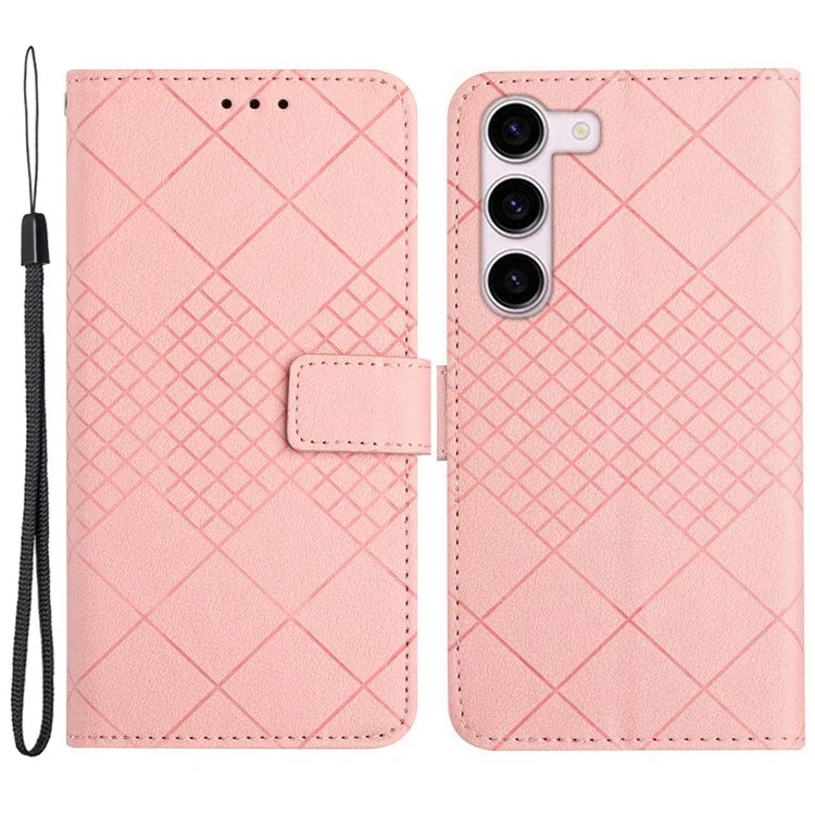 HT06 For Samsung Galaxy S23 Case PU Leather Rhombus Pattern Stand Mobile Phone Cover