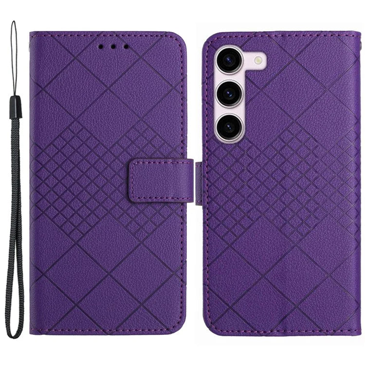 HT06 For Samsung Galaxy S23 Case PU Leather Rhombus Pattern Stand Mobile Phone Cover