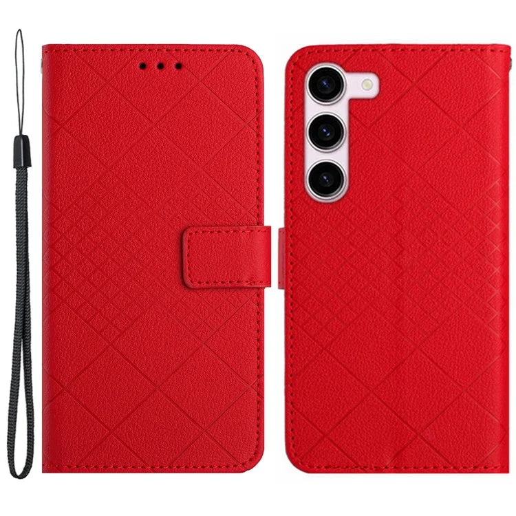 HT06 For Samsung Galaxy S23 Case PU Leather Rhombus Pattern Stand Mobile Phone Cover