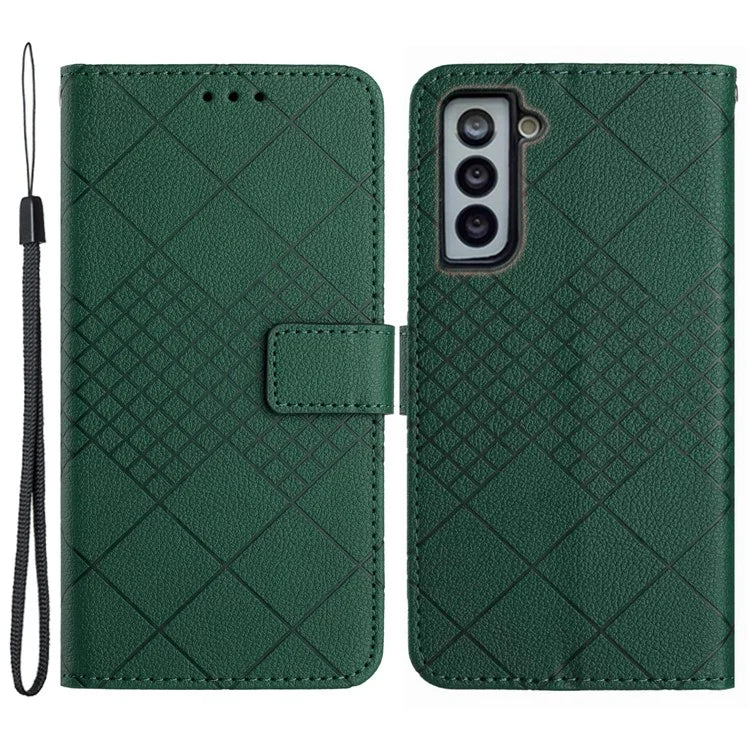 HT06 For Samsung Galaxy S21 FE 5G Case PU Leather Rhombus Pattern Imprint Stand Phone Cover
