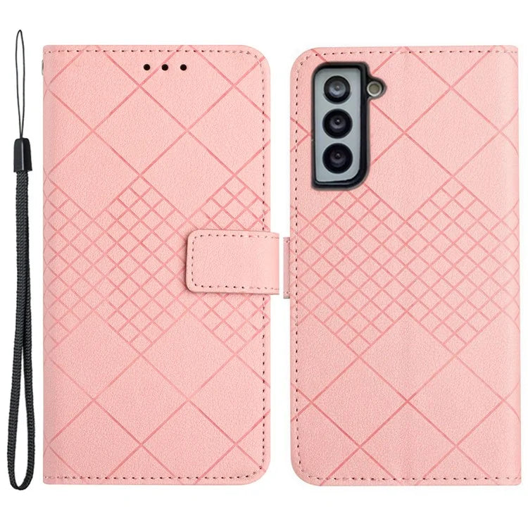 HT06 For Samsung Galaxy S22 5G Case Anti-scratch PU Leather Rhombus Pattern Stand Phone Cover
